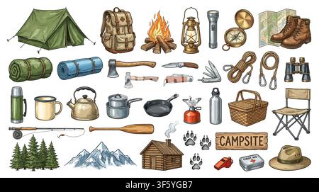 Collection of hand-drawn black and white doodle icons representing various outdoor adventure and camping equipment Stock Vector