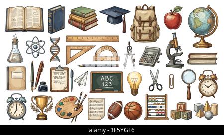 Back to school chalk doodles on blackboard with hand drawn education icons, books, science symbols, stationery and cute classroom elements Stock Vector