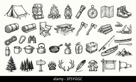 Collection of hand-drawn black and white doodle icons representing various outdoor adventure and camping equipment Stock Vector
