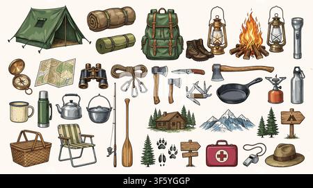 Collection of hand-drawn black and white doodle icons representing various outdoor adventure and camping equipment Stock Vector