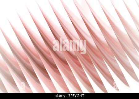 An abstract 3D render featuring a rhythmic pattern of curved, rose gold metallic blades arranged in a diagonal formation against a clean background. Stock Photo