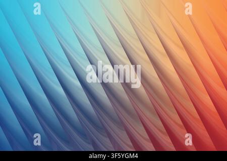 A vibrant abstract background featuring a series of diagonal, flowing, wave-like structures transitioning from cool blue to warm orange tones. Stock Photo