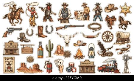 Detailed western cowboy and cowgirl tattoo flash collection featuring vintage wild west elements like skulls, cacti, boots, and sheriff badges.. Stock Vector