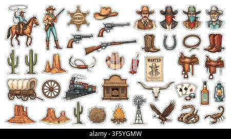 Detailed western cowboy and cowgirl tattoo flash collection featuring vintage wild west elements like skulls, cacti, boots, and sheriff badges.. Stock Vector