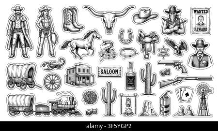 Detailed western cowboy and cowgirl tattoo flash collection featuring vintage wild west elements like skulls, cacti, boots, and sheriff badges.. Stock Vector