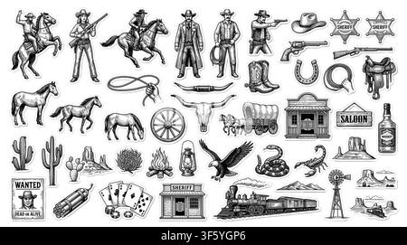 Detailed western cowboy and cowgirl tattoo flash collection featuring vintage wild west elements like skulls, cacti, boots, and sheriff badges.. Stock Vector