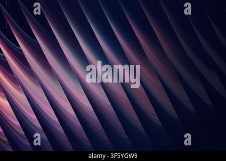 A sophisticated abstract digital artwork featuring rhythmic, flowing wave-like structures in shades of deep purple, violet, and dark navy blue. Stock Photo