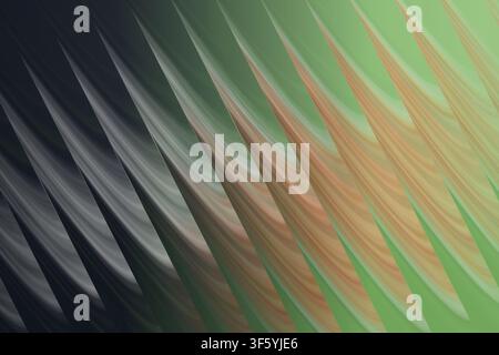 An abstract digital art background featuring repeating diagonal wave-like layers transitioning from dark charcoal to soft green and warm brown tones. Stock Photo