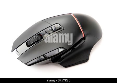 A modern black gaming mouse with red LED lighting is isolated on a clean white background Stock Photo