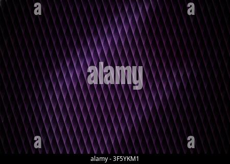 A sophisticated dark purple abstract background featuring a repeating diagonal grid pattern with subtle lighting effects that highlight the texture. Stock Photo