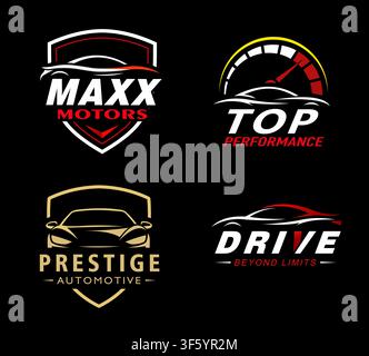Automotive logos featuring car silhouettes on a black background Stock Vector