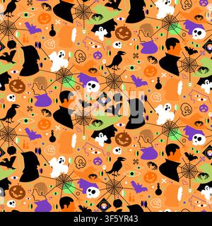 Halloween seamless pattern with ghost, pumpkin, raven, spider web, skull, witch hat, and spooky symbols for fabric, wrapping paper, wallpaper, apparel Stock Vector