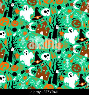 Halloween skeleton Party seamless pattern with dancing skeletons, ghosts, castle, crooked trees and ritual with dead in green swamp. Ornament for prin Stock Vector