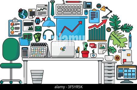 Office desk flat illustration with laptop, keyboard, monitor, charts, documents, calendar, chair, plants and business tools for productivity design, c Stock Vector