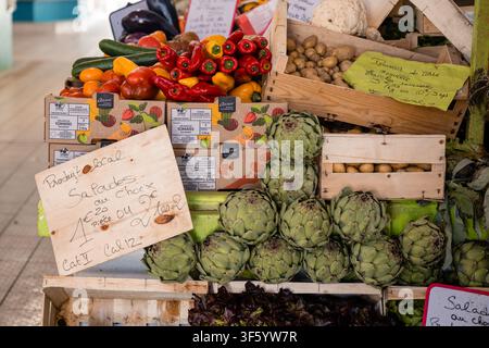 Fresh vegetables including globe artichokes displayed for sale on a market stall at the weekly market in St Georges de Didonne, Charente-Maritime, Nou Stock Photo
