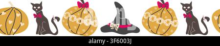 Cute border with pumpkin and witch hat and cat. Coquette border with cute bows and elements. Hand drawn vector illustration in cartoon flat style. Stock Vector