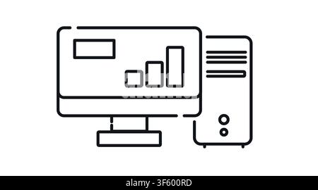Desktop computer tower and monitor with bar chart diagram on screen vector icon. Stock Vector