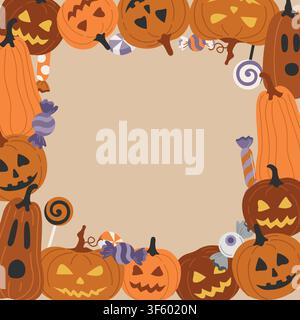 Hand-drawn Halloween card frame with pumpkin Jack-o-lantern and trick or treat sweets for seasonal party invitation or web Stock Vector