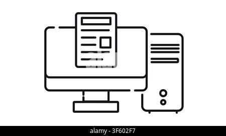Desktop computer tower and monitor with work document symbol on screen vector icon. Stock Vector