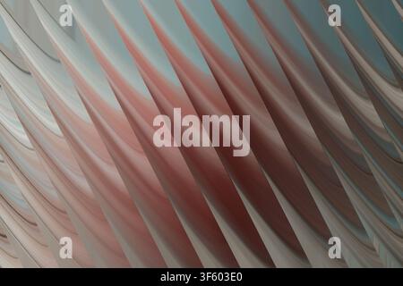 A sophisticated abstract background featuring repeating diagonal wave-like structures with a blend of soft pink, grey, and teal tones. Stock Photo