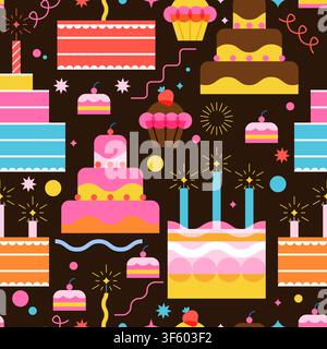 Birthday cakes vector seamless pattern. Flat geometric design with colorful celebration desserts, cupcakes and candles on dark background. Creative co Stock Vector