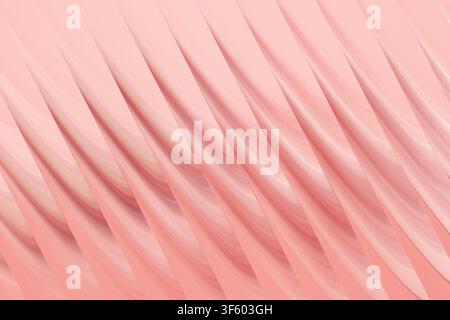 A high-resolution abstract digital art background featuring repeating diagonal wave-like structures in shades of soft pink and white, creating depth. Stock Photo