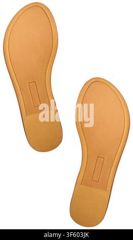 pair of brown ladies sandal soles isolated white background, flat leather shoe bottoms with stitching and heel pad, top view in close-up Stock Photo