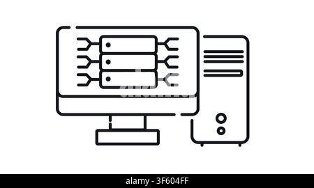 Desktop computer tower and monitor with server rack symbol on screen vector icon. Black line art style on white background. Data center hosting, IT in Stock Vector