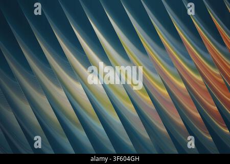 A high-resolution abstract fractal design featuring repeating diagonal wave-like structures with a gradient transition from deep teal to warm orange. Stock Photo