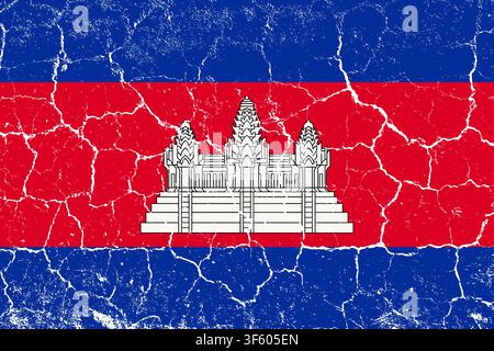 Cambodia flag, grunge texture, cracked and weathered, faded colors. Shows the blue, red, white colors, featuring the Angkor Wat temple. Great for patriotic, travel, and cultural design projects. Stock Vector