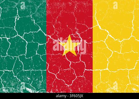 Cameroon flag, grunge texture, cracked and weathered, faded colors. Shows the green, red, yellow colors, featuring the star emblem. Great for patriotic, travel, and cultural design projects. Stock Vector