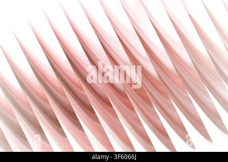 An abstract 3D render featuring a rhythmic pattern of curved, rose gold metallic blades arranged in a diagonal formation against a clean background. Stock Photo