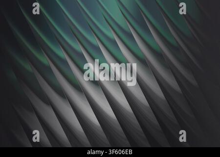 A high-resolution abstract 3D render featuring smooth, flowing diagonal waves with a metallic finish, transitioning from deep grey to soft green tones Stock Photo