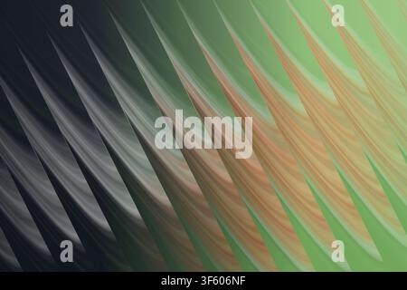 An abstract digital art background featuring repeating diagonal wave-like layers transitioning from dark charcoal to soft green and warm brown tones. Stock Photo