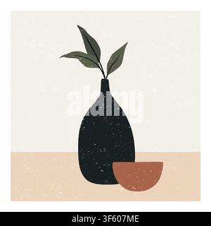 Minimalist Still Life with Black Vase, Vector Illustration. Green Leaves and Terracotta Bowl. Abstract Mid Century Modern Botanical Wall Art Stock Vector