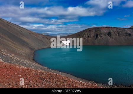 Stunning turquoise crater lake in Iceland surrounded by volcanic mountains and dark lava rock. A pristine white snow patch sits on the Stock Photo