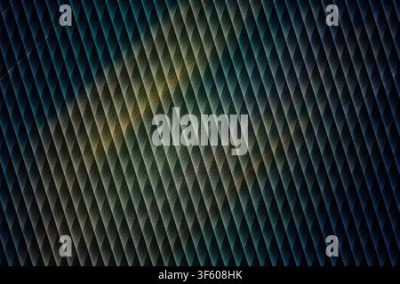 A high-resolution abstract background featuring a repeating pattern of diagonal, textured ridges with dark, moody, and subtle multi-colored lighting. Stock Photo
