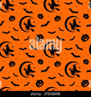 An endless Halloween-themed pattern featuring a witch on a broomstick, a pumpkin, a bat, and a crescent moon. A decorative background for greeting car Stock Vector