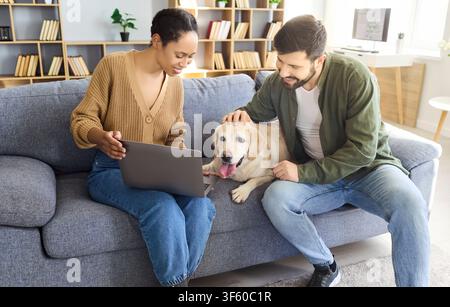 Happy couple with dog using laptop on sofa at home, relaxing and bonding Stock Photo