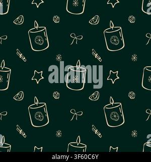 Hand drawn cozy Christmas candles seamless pattern on dark emerald green background vector doodle illustration Stock Vector