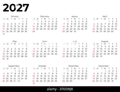 2027 Minimalist Yearly Calendar Template With Months, Dates and Clean Typography for Planning. Stock Vector
