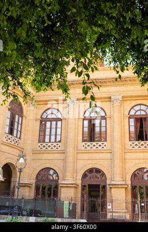 PALERMO, ITALY - AUGUST 10, 2026: Historic facade of the Teatro Massimo opera house framed by green tree leaves in Palermo, Sicily. Stock Photo