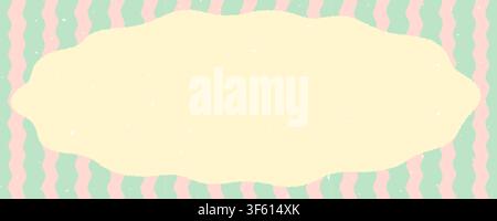 Frame with scallop wavy template and soft striped border on seamless background in pastel mint and pink colors. Scallop frame template for cards Stock Vector
