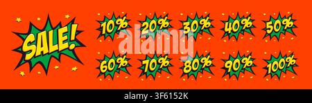 Comic sale badges with green starburst shapes and bold yellow lettering on bright orange background with small stars. Discount icons in retro pop art Stock Vector