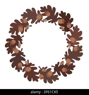 Vector round wreath frame made of oak leaves and acorns. Autumnal botanical border for thanksgiving, greeting card, invitation, and logo design. Stock Vector