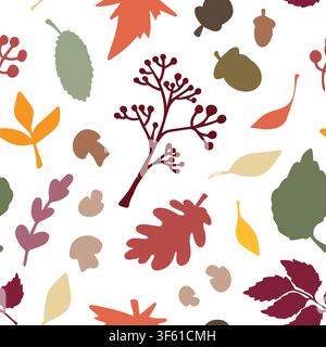 Vector seamless pattern with colorful autumn leaves, berries, and mushrooms on white background. Fall print for back to school and thanksgiving. Stock Vector