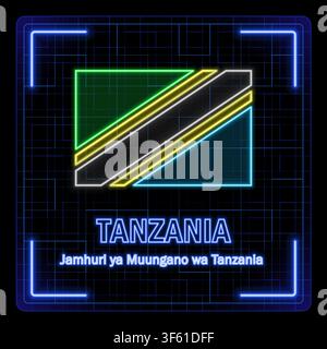 Tanzania flag symbol. Tech cyber data concept, editable strokes flag collection, bright neon design. Stock Vector