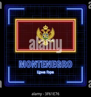 Montenegro flag symbol. Tech cyber data concept, editable strokes flag collection, bright neon design. Stock Vector