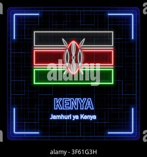Kenya flag symbol. Tech cyber data concept, editable strokes flag collection, bright neon design. Stock Vector