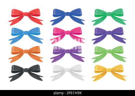 Colorful Ribbon Bow Set, Vector Illustration. Hand Drawn Decorative Gift Bows in Red, Blue, Green, Pink, Purple, Orange, Black and Yellow Isolated on Stock Vector